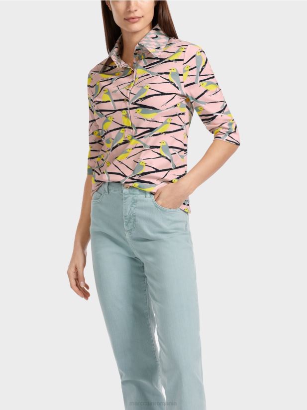 tricou polo cu design de păsări Marc Cain roz pudra moale îmbrăcăminte 4826HH1320