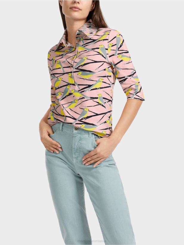 tricou polo cu design de păsări Marc Cain roz pudra moale îmbrăcăminte 4826HH1320