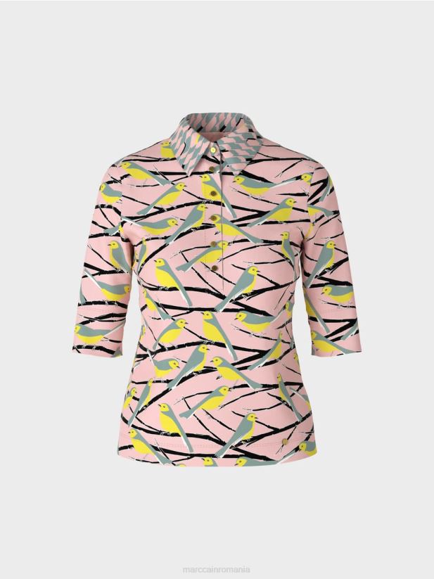 tricou polo cu design de păsări Marc Cain roz pudra moale îmbrăcăminte 4826HH1320