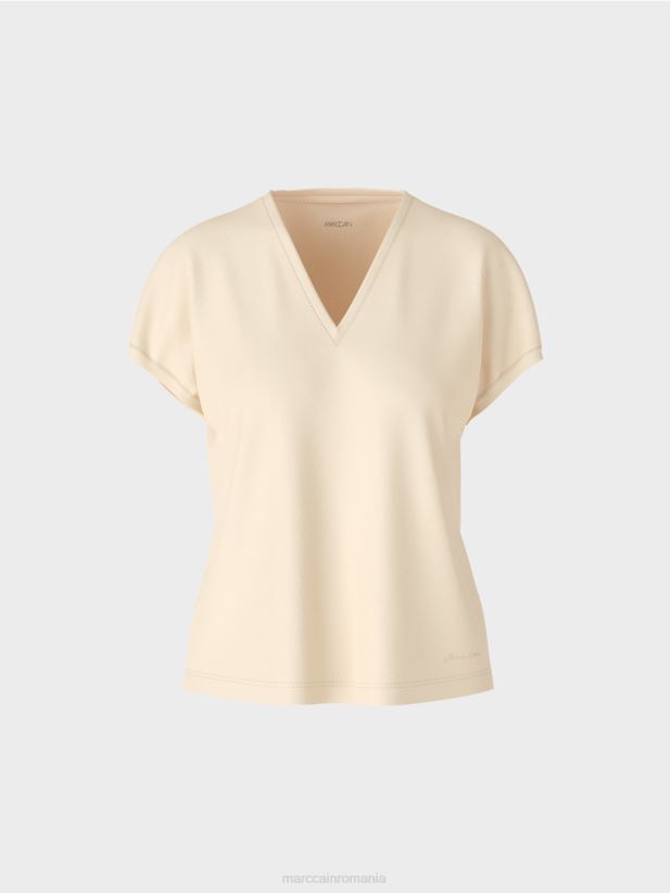 tricou simplu cu decolteu în V Marc Cain cremă îmbrăcăminte 4826HH1374
