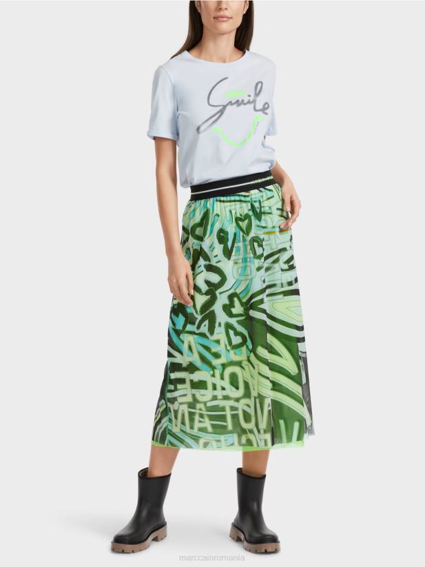 Fusta cu design graffiti din jerseu de tul Marc Cain albastru pudra moale îmbrăcăminte 4826HH469