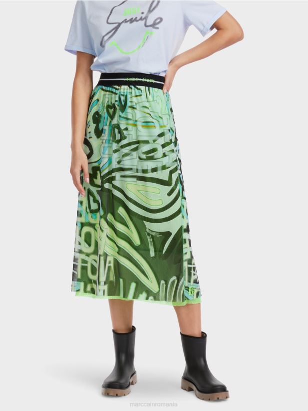 Fusta cu design graffiti din jerseu de tul Marc Cain albastru pudra moale îmbrăcăminte 4826HH469