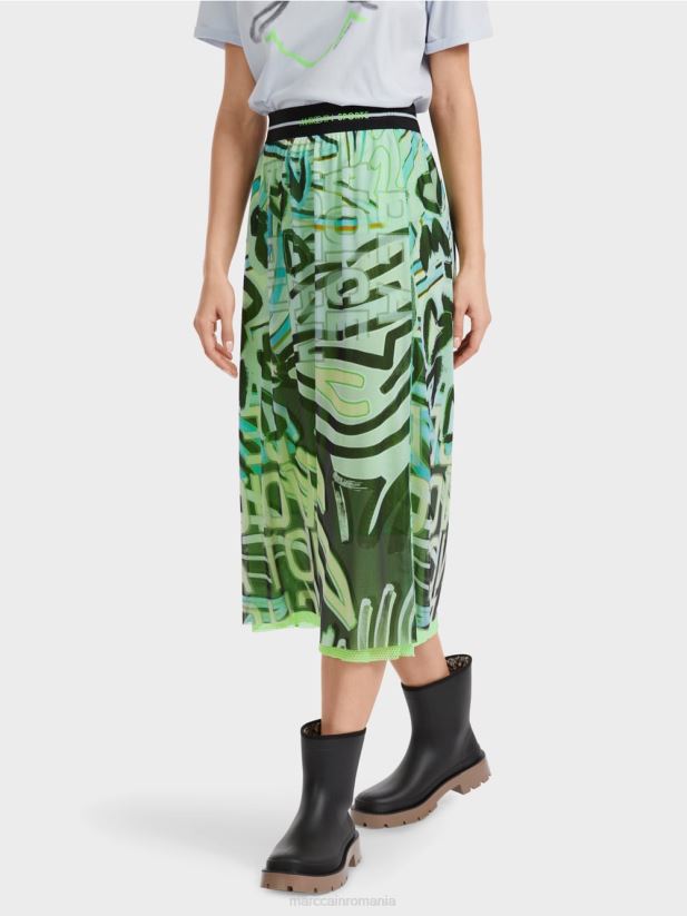 Fusta cu design graffiti din jerseu de tul Marc Cain albastru pudra moale îmbrăcăminte 4826HH469