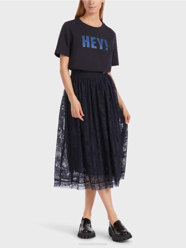 fusta lata din dantela de tul Marc Cain albastru miezul nopții îmbrăcăminte 4826HH456