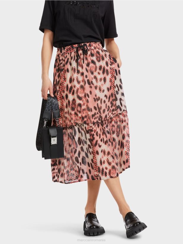 fusta lunga cu etaje cu imprimeu leu Marc Cain campari îmbrăcăminte 4826HH464