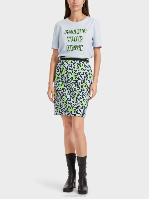 fusta mini subtire cu imprimeu graffiti Marc Cain albastru pudra moale îmbrăcăminte 4826HH470