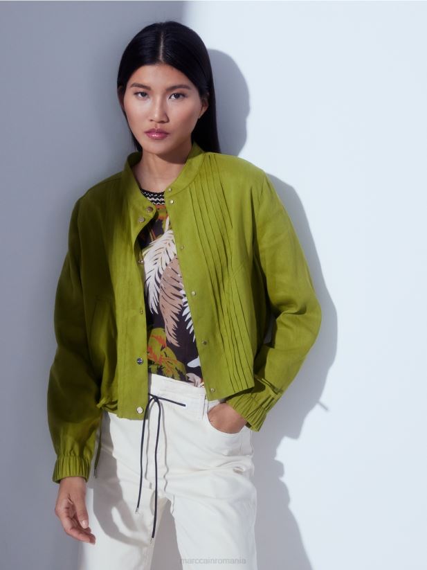 geacă de in cu guler ridicat Marc Cain verde oliv intens îmbrăcăminte 4826HH383