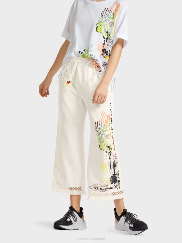 pantaloni cu dantela si imprimeu Marc Cain aproape alb îmbrăcăminte 4826HH618