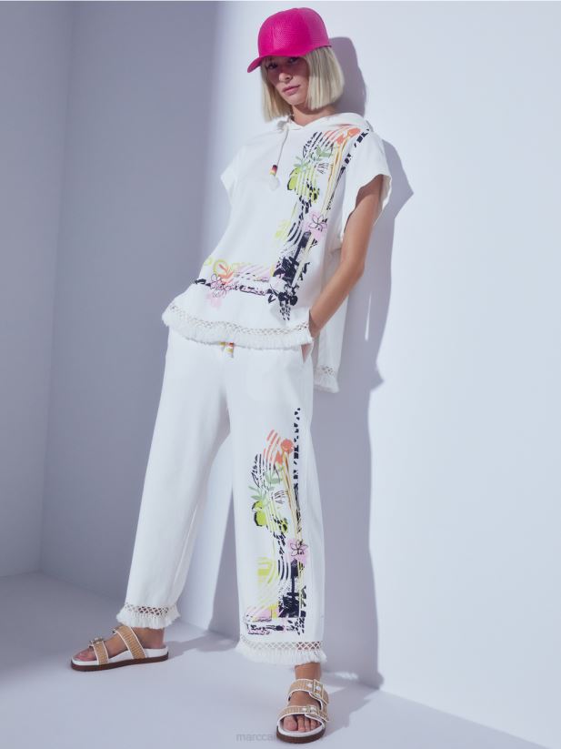 pantaloni cu dantela si imprimeu Marc Cain aproape alb îmbrăcăminte 4826HH618