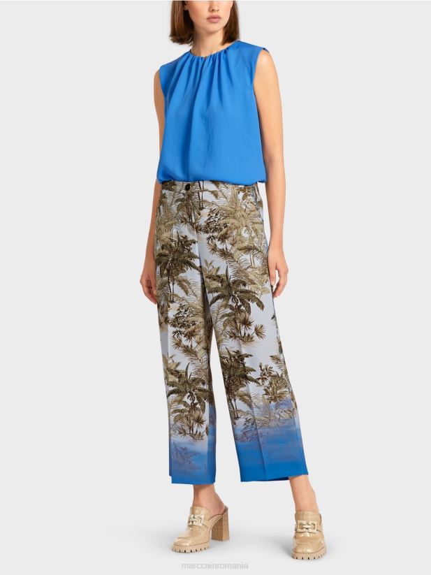 pantaloni cu design palmier Marc Cain albastru pudra deschis îmbrăcăminte 4826HH693