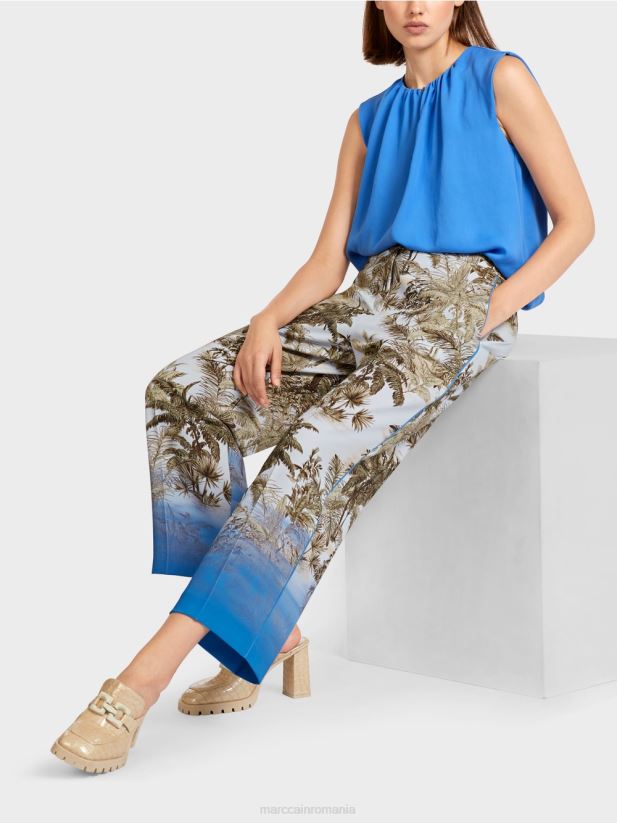 pantaloni cu design palmier Marc Cain albastru pudra deschis îmbrăcăminte 4826HH693