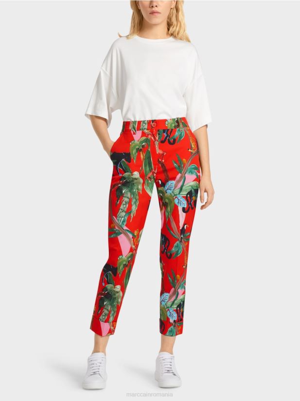 pantaloni franca cu mansete cu imprimeu tropical Marc Cain Rosu ca focul îmbrăcăminte 4826HH675