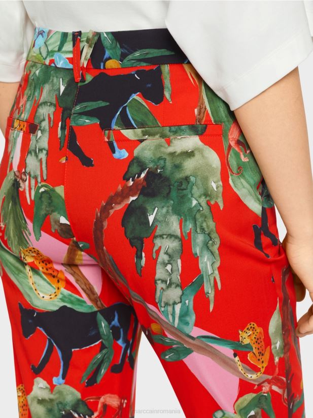 pantaloni franca cu mansete cu imprimeu tropical Marc Cain Rosu ca focul îmbrăcăminte 4826HH675