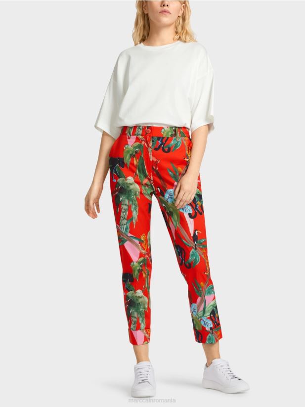 pantaloni franca cu mansete cu imprimeu tropical Marc Cain Rosu ca focul îmbrăcăminte 4826HH675
