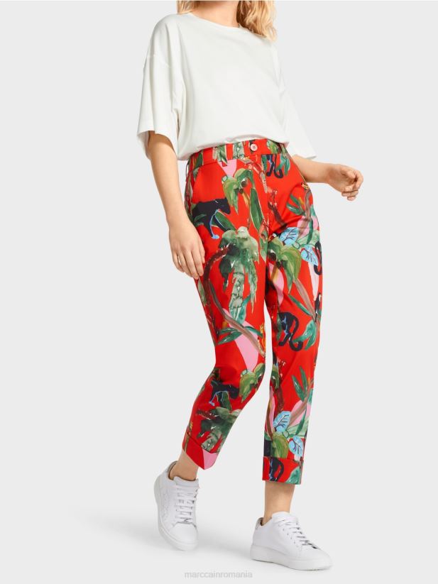 pantaloni franca cu mansete cu imprimeu tropical Marc Cain Rosu ca focul îmbrăcăminte 4826HH675