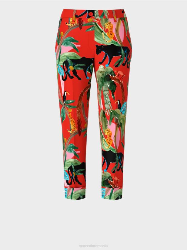pantaloni franca cu mansete cu imprimeu tropical Marc Cain Rosu ca focul îmbrăcăminte 4826HH675