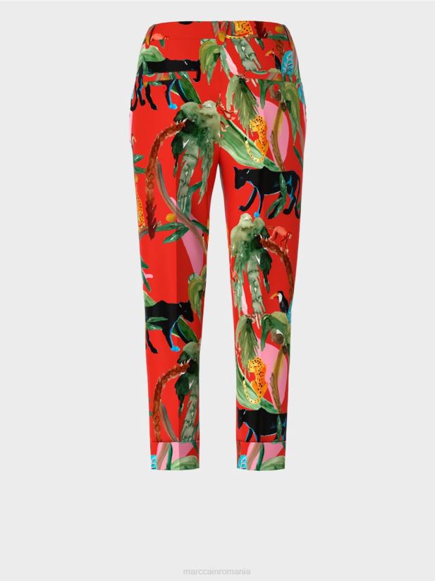 pantaloni franca cu mansete cu imprimeu tropical Marc Cain Rosu ca focul îmbrăcăminte 4826HH675