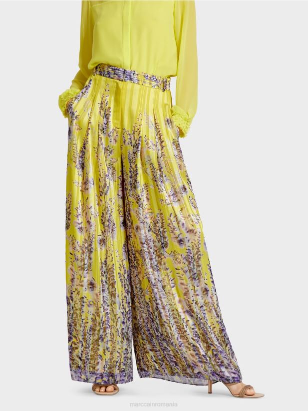 pantaloni largi cu imprimeu glicine Marc Cain verde lamaie îmbrăcăminte 4826HH631