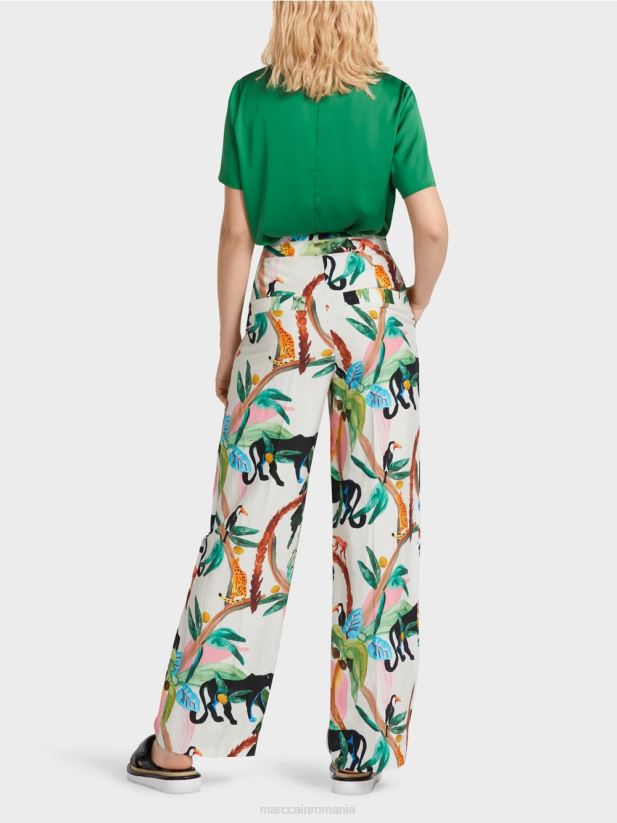 pantaloni wukari cu motiv tropical Marc Cain aproape alb îmbrăcăminte 4826HH650