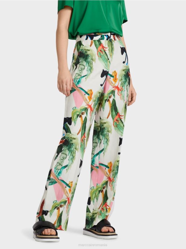 pantaloni wukari cu motiv tropical Marc Cain aproape alb îmbrăcăminte 4826HH650