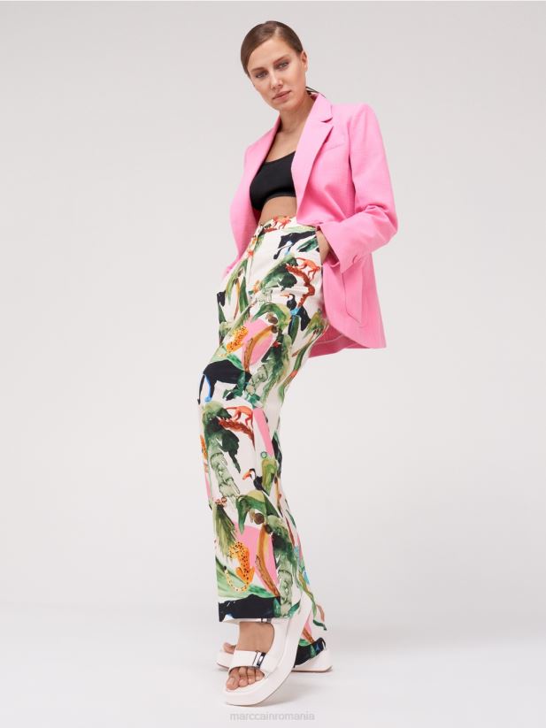 pantaloni wukari cu motiv tropical Marc Cain aproape alb îmbrăcăminte 4826HH650