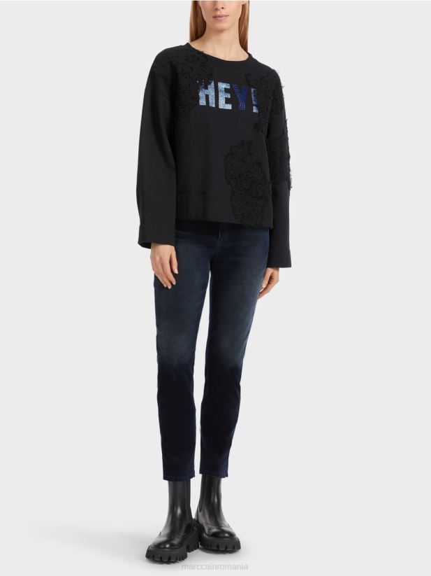 hanorac cu sclipici si dantela Marc Cain albastru miezul nopții îmbrăcăminte 4826HH1219