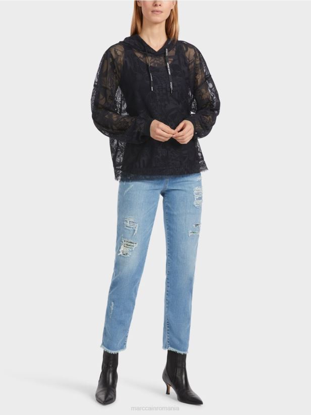 hanorac din dantela din tul Marc Cain albastru miezul nopții îmbrăcăminte 4826HH1220