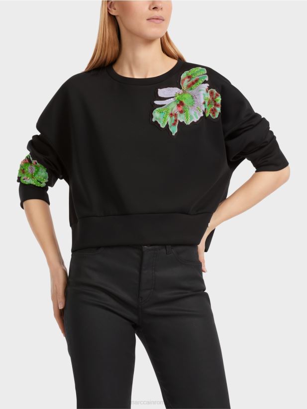 tricou cu aplicație florală Marc Cain negru îmbrăcăminte 4826HH1221