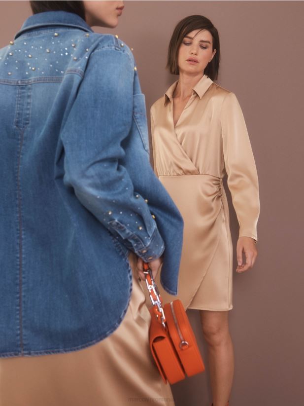 rochie cu efect wrap Marc Cain caramel strălucitor îmbrăcăminte 4826HH20