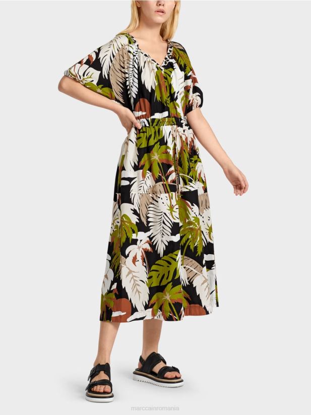 rochie din bumbac cu motiv de frunze Marc Cain verde oliv intens îmbrăcăminte 4826HH85