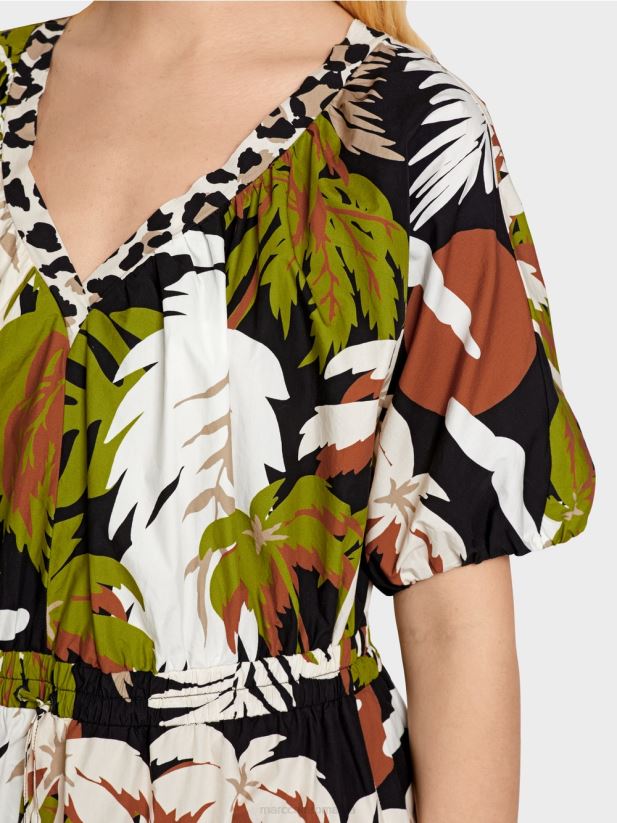 rochie din bumbac cu motiv de frunze Marc Cain verde oliv intens îmbrăcăminte 4826HH85