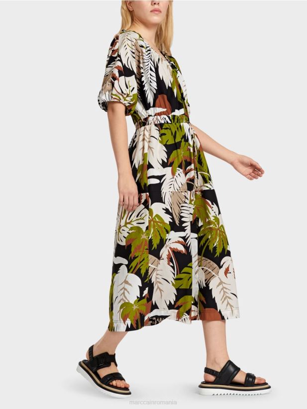 rochie din bumbac cu motiv de frunze Marc Cain verde oliv intens îmbrăcăminte 4826HH85
