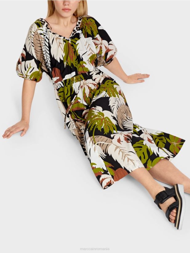 rochie din bumbac cu motiv de frunze Marc Cain verde oliv intens îmbrăcăminte 4826HH85