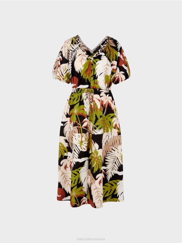 rochie din bumbac cu motiv de frunze Marc Cain verde oliv intens îmbrăcăminte 4826HH85