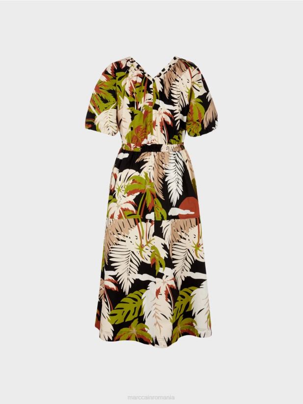 rochie din bumbac cu motiv de frunze Marc Cain verde oliv intens îmbrăcăminte 4826HH85