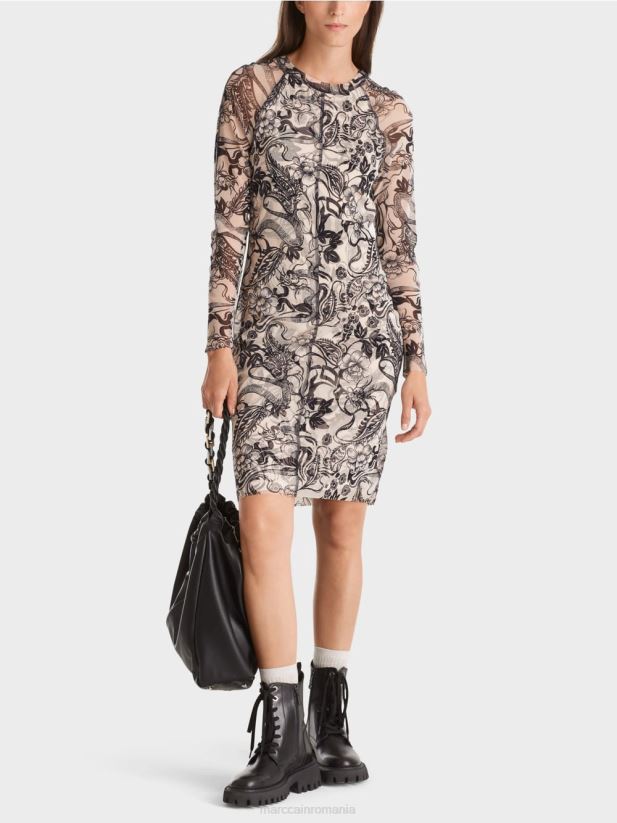 rochie din tul elastic care îmbrățișează corpul Marc Cain floare de migdal îmbrăcăminte 4826HH1