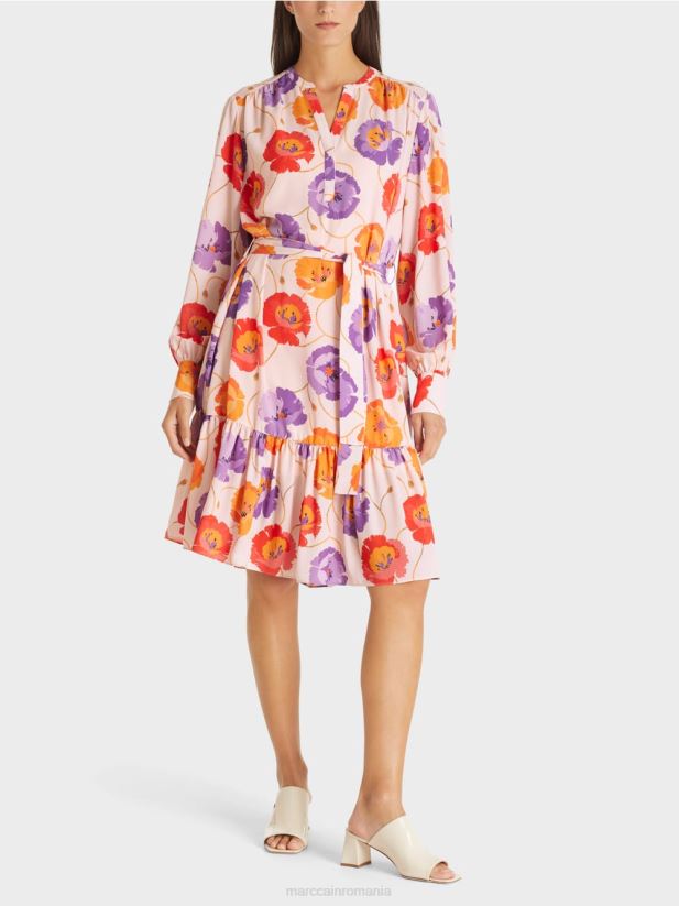 rochie florală cu pas cu volan Marc Cain mandarină îmbrăcăminte 4826HH143