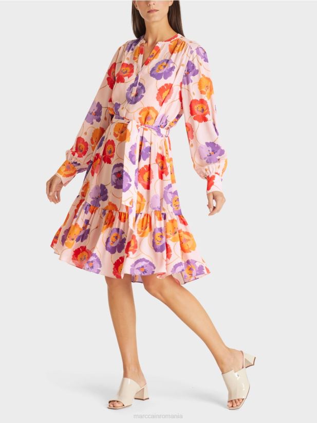 rochie florală cu pas cu volan Marc Cain mandarină îmbrăcăminte 4826HH143