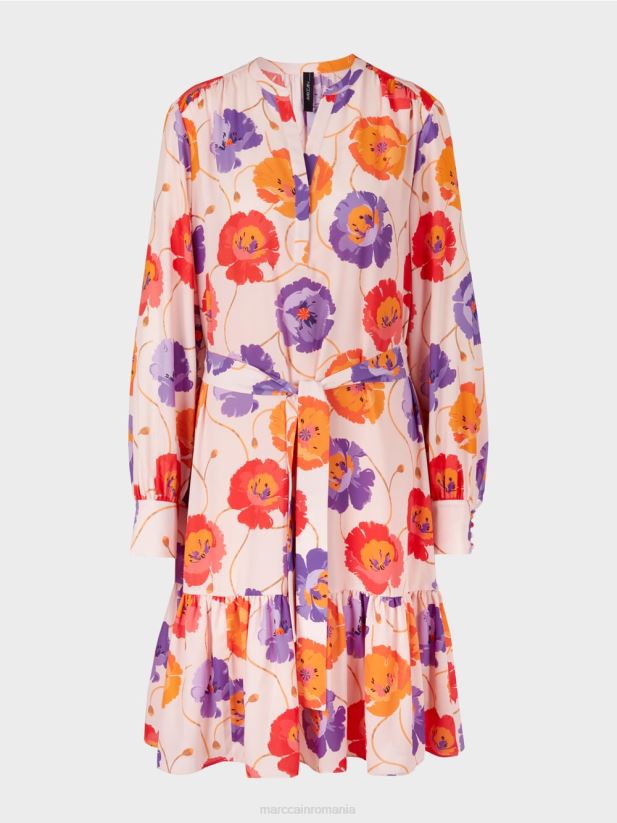 rochie florală cu pas cu volan Marc Cain mandarină îmbrăcăminte 4826HH143