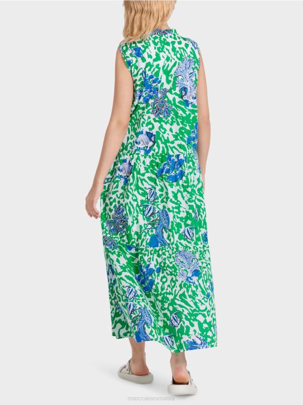 rochie imprimata cu volane Marc Cain frunză strălucitoare de busuioc îmbrăcăminte 4826HH54