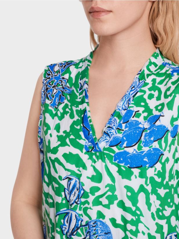 rochie imprimata cu volane Marc Cain frunză strălucitoare de busuioc îmbrăcăminte 4826HH54