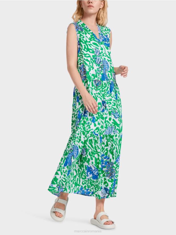 rochie imprimata cu volane Marc Cain frunză strălucitoare de busuioc îmbrăcăminte 4826HH54