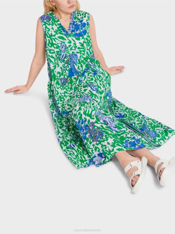 rochie imprimata cu volane Marc Cain frunză strălucitoare de busuioc îmbrăcăminte 4826HH54