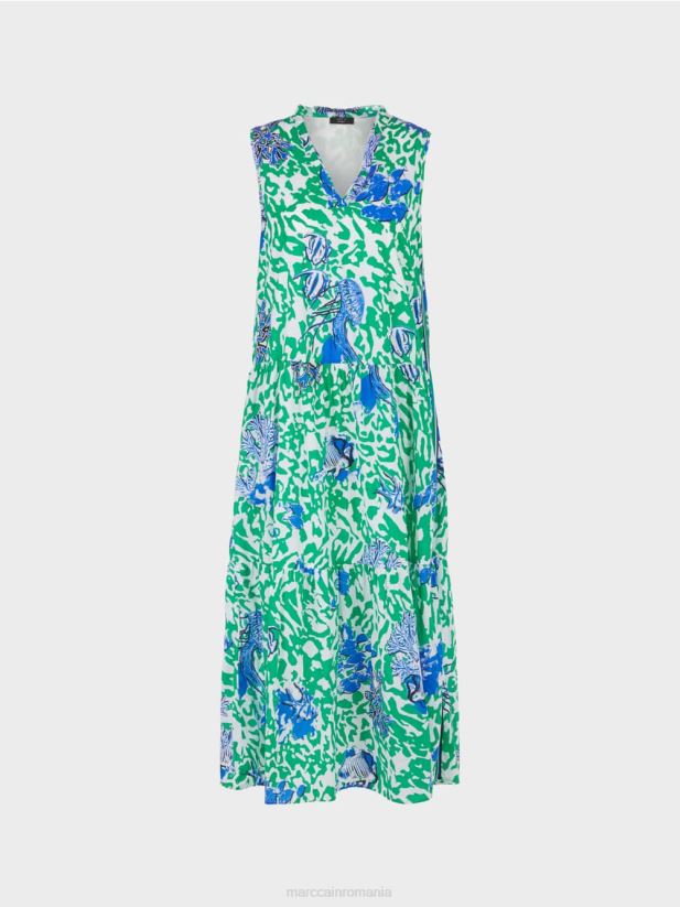 rochie imprimata cu volane Marc Cain frunză strălucitoare de busuioc îmbrăcăminte 4826HH54