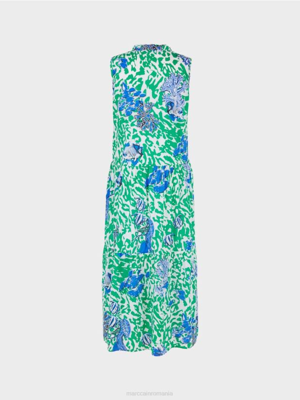 rochie imprimata cu volane Marc Cain frunză strălucitoare de busuioc îmbrăcăminte 4826HH54