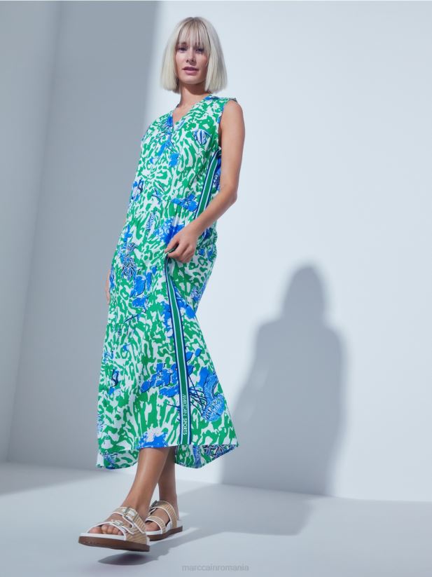 rochie imprimata cu volane Marc Cain frunză strălucitoare de busuioc îmbrăcăminte 4826HH54