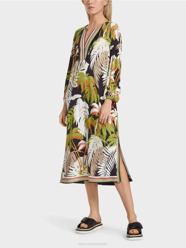 rochie lejeră cu motiv floral tropical Marc Cain verde oliv intens îmbrăcăminte 4826HH88