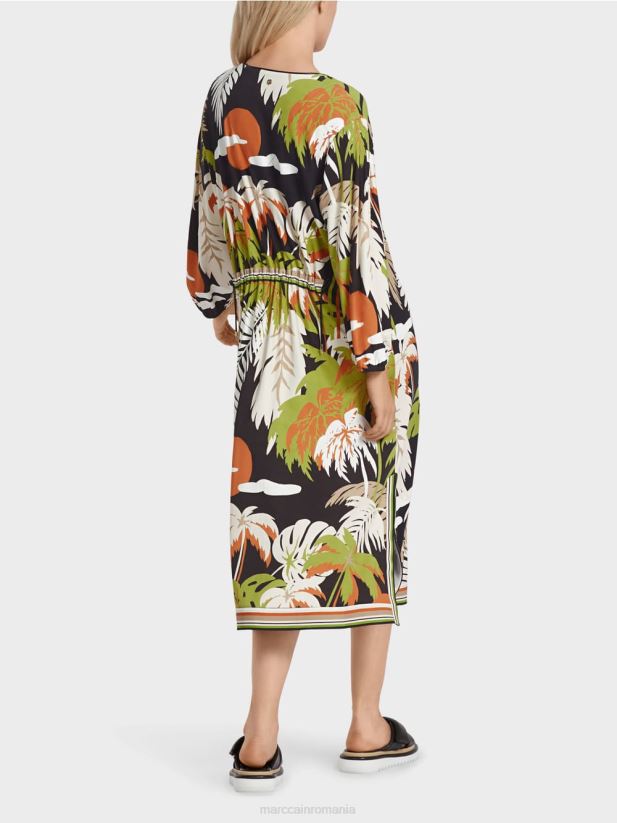 rochie lejeră cu motiv floral tropical Marc Cain verde oliv intens îmbrăcăminte 4826HH88