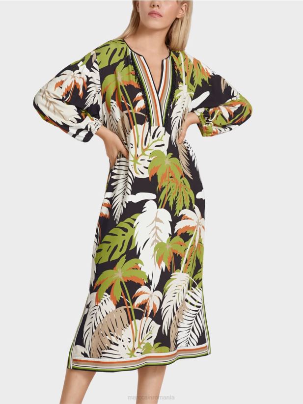 rochie lejeră cu motiv floral tropical Marc Cain verde oliv intens îmbrăcăminte 4826HH88