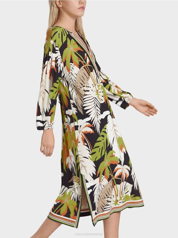 rochie lejeră cu motiv floral tropical Marc Cain verde oliv intens îmbrăcăminte 4826HH88